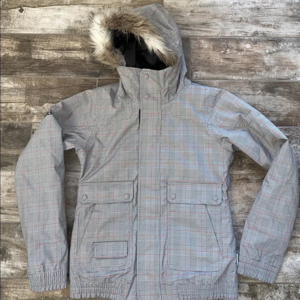 Burton Dry Ride Snowboard Jacket Faux Fur Hood black red plaid Print